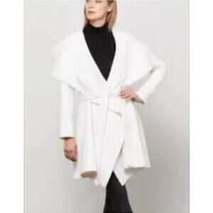 BCBG Max Azria Double Face Wool Blend Cream Wrap Coat Hooded Large Womens